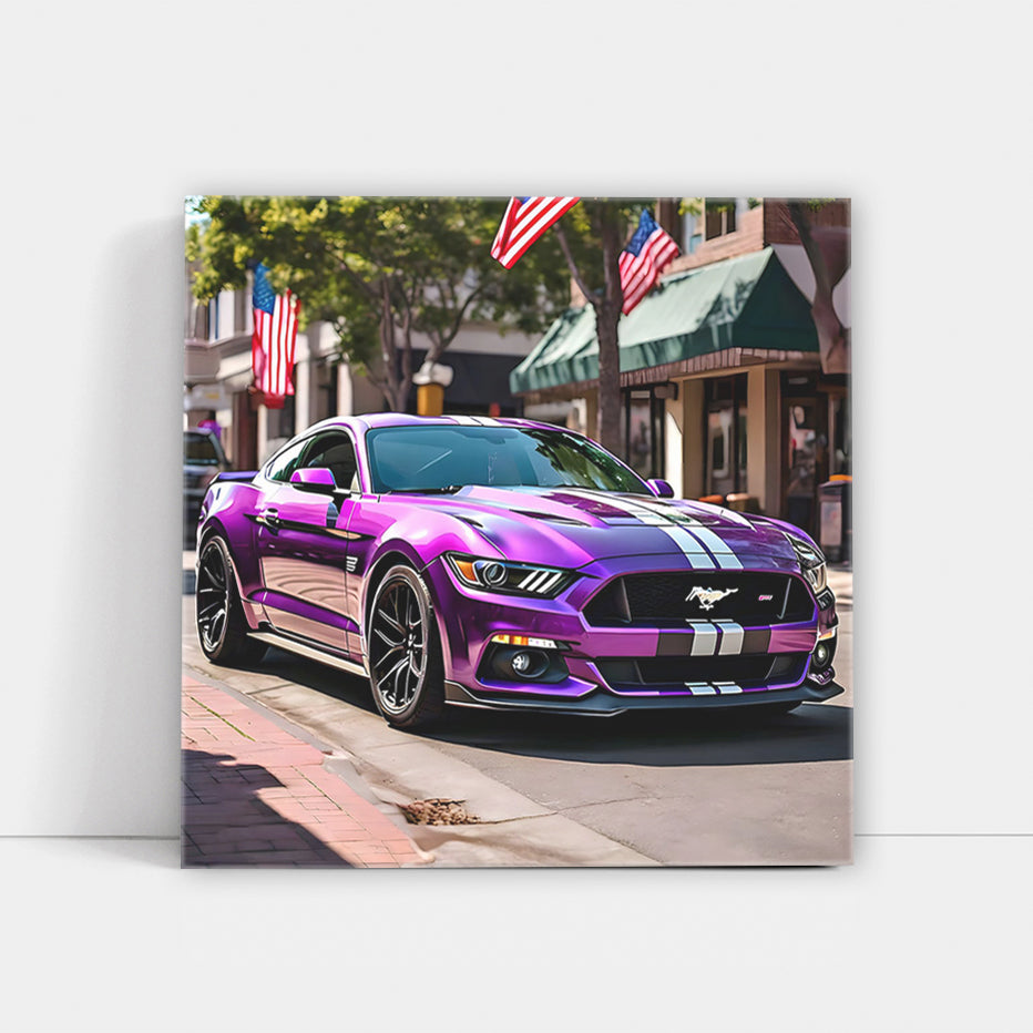 Purple Ford Mustang GT with US Flag - Bold and Iconic