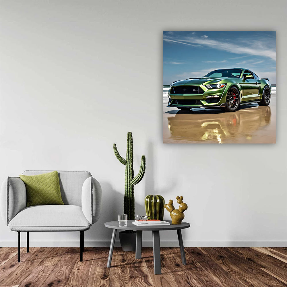 Green Ford Mustang Shelby GT500 on Beach - Power and Elegance