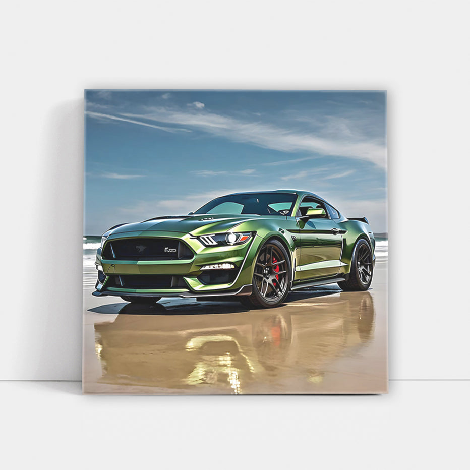 Green Ford Mustang Shelby GT500 on Beach - Power and Elegance