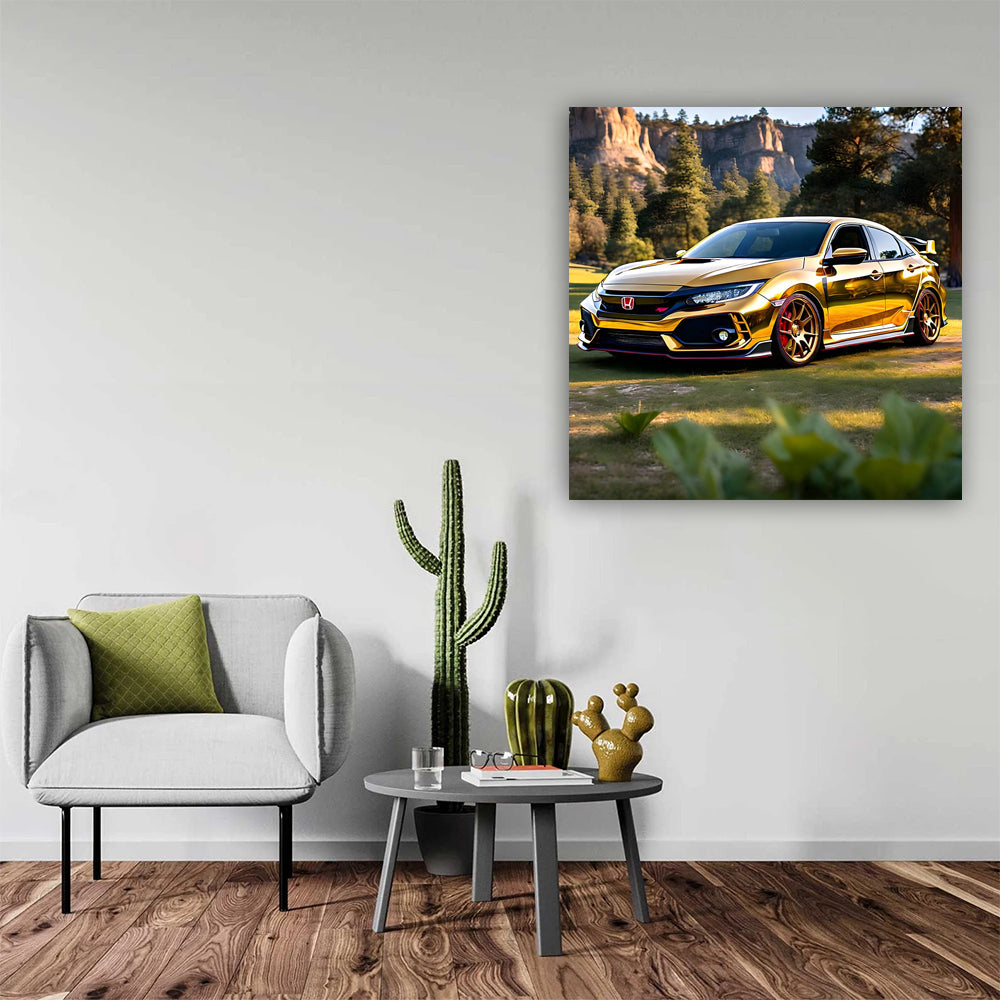 Golden Honda Civic Type R Shines in National Park - Sporty Elegance