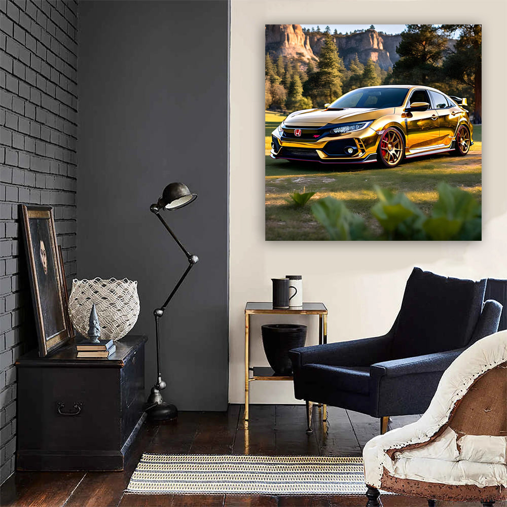 Golden Honda Civic Type R Shines in National Park - Sporty Elegance