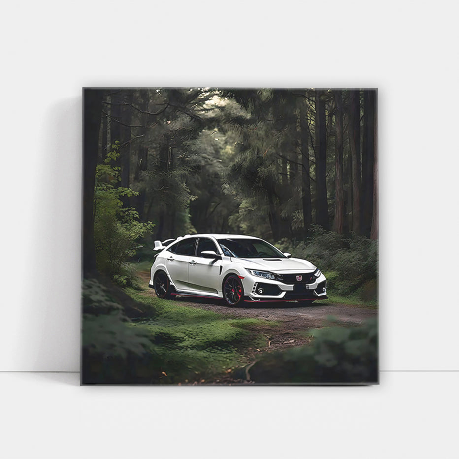 White Honda Civic Type R in Forest - Sporty Elegance