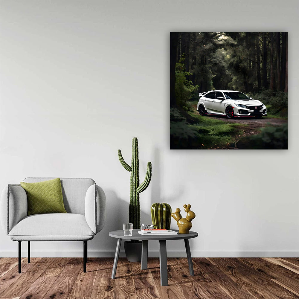 White Honda Civic Type R in Forest - Sporty Elegance