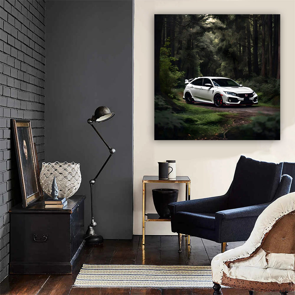 White Honda Civic Type R in Forest - Sporty Elegance