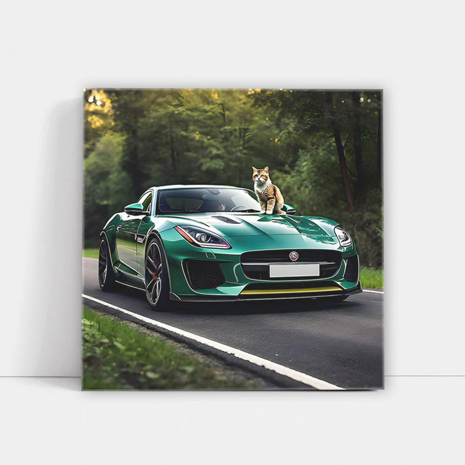 Green Jaguar F-Type with Cat - Elegance Meets Power