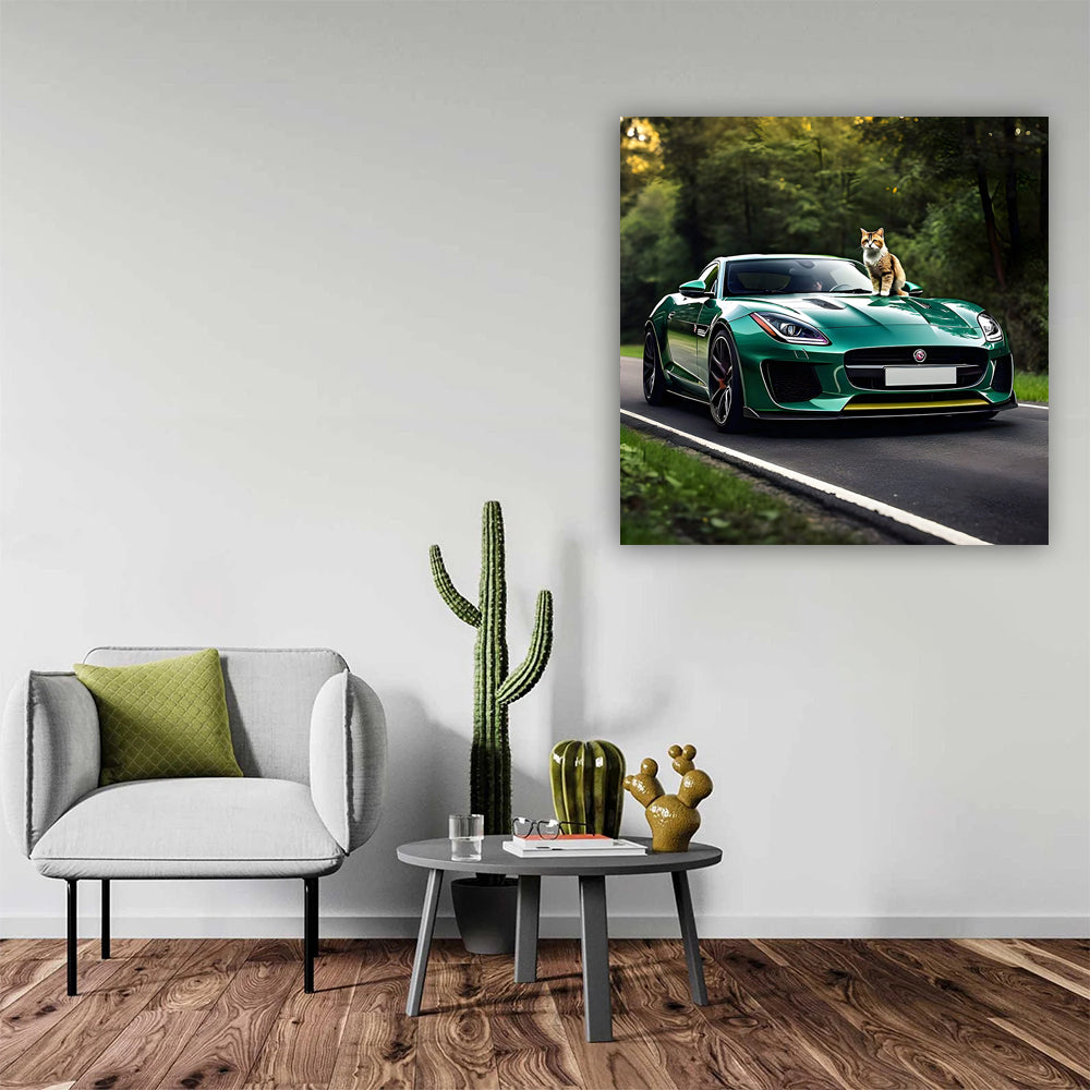 Green Jaguar F-Type with Cat - Elegance Meets Power