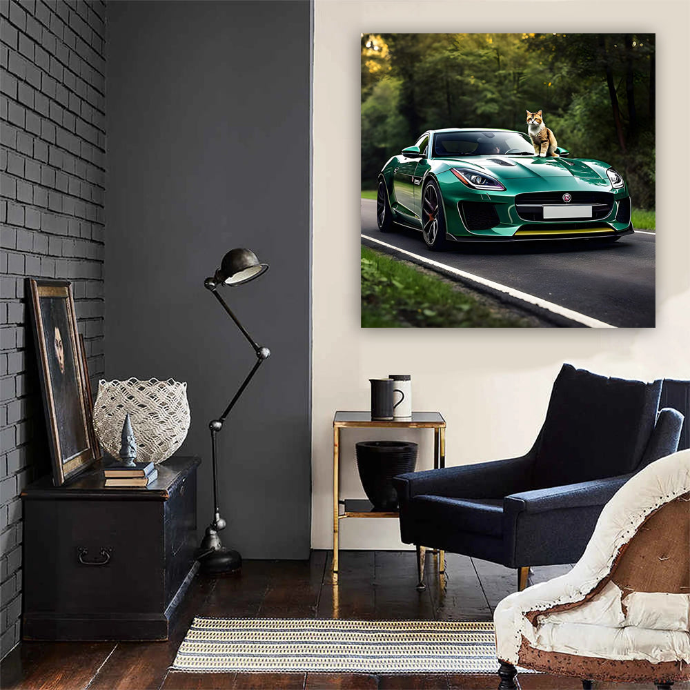 Green Jaguar F-Type with Cat - Elegance Meets Power