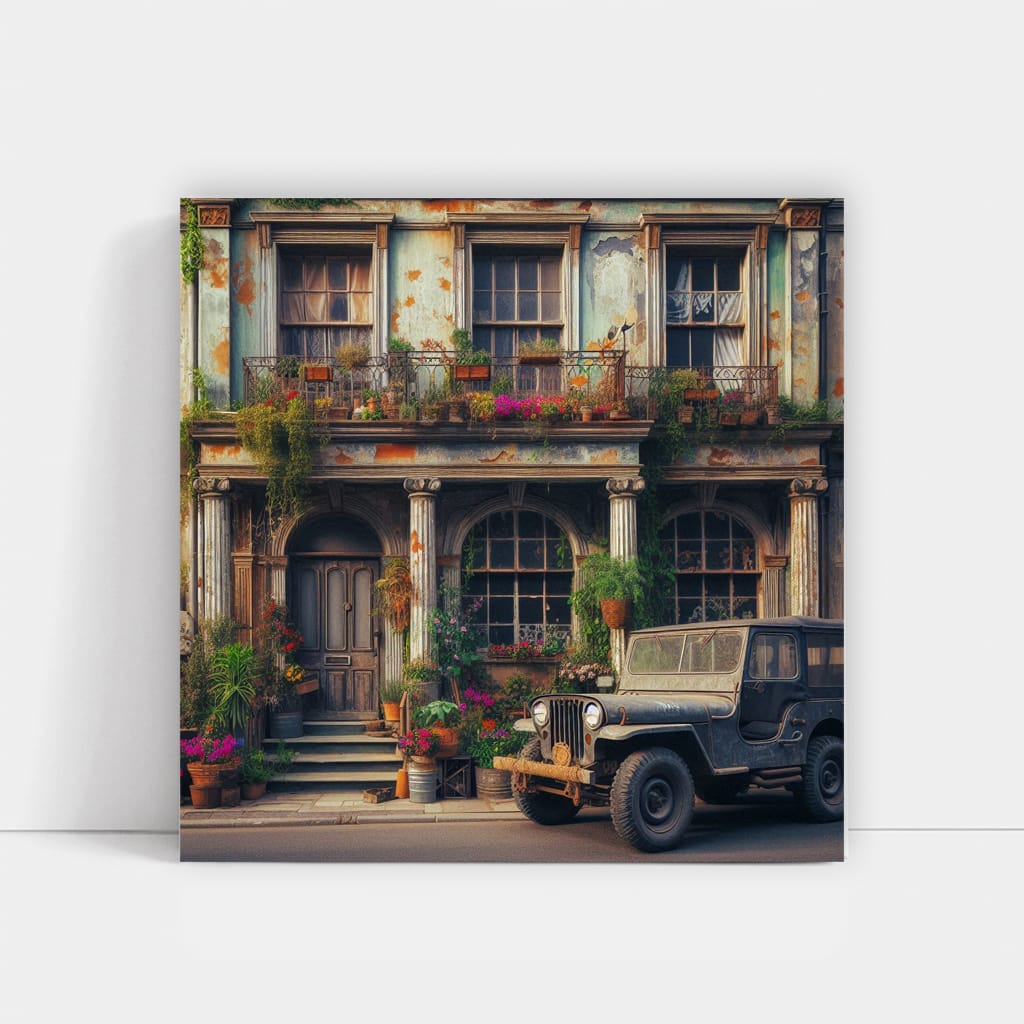 Vintage Jeep Near Classic Building - Timeless Adventure