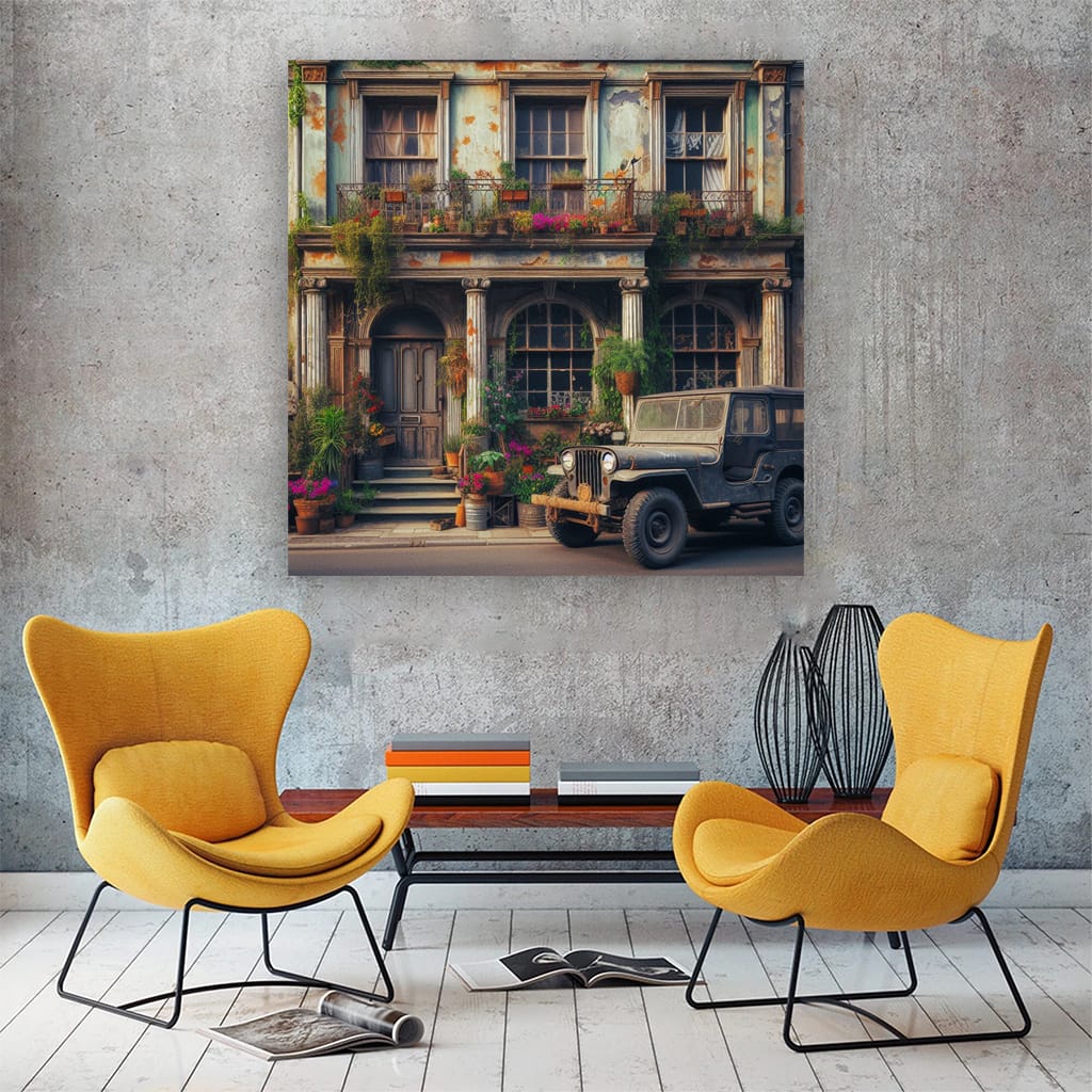 Vintage Jeep Near Classic Building - Timeless Adventure