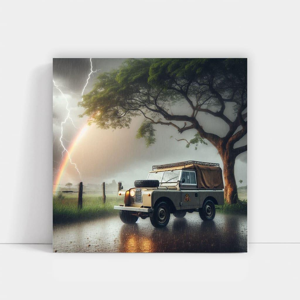 Vintage Land Rover in Thunderstorm - Classic Adventure Spirit