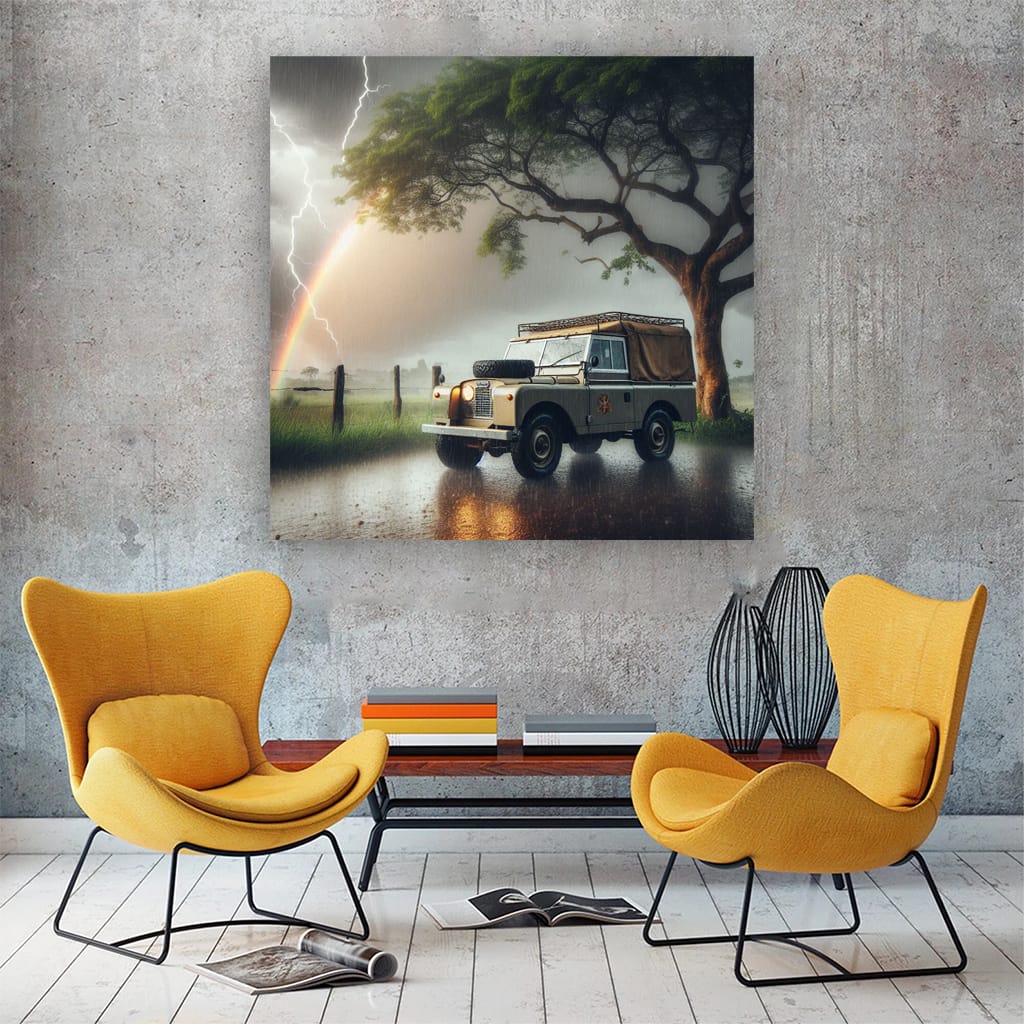 Vintage Land Rover in Thunderstorm - Classic Adventure Spirit