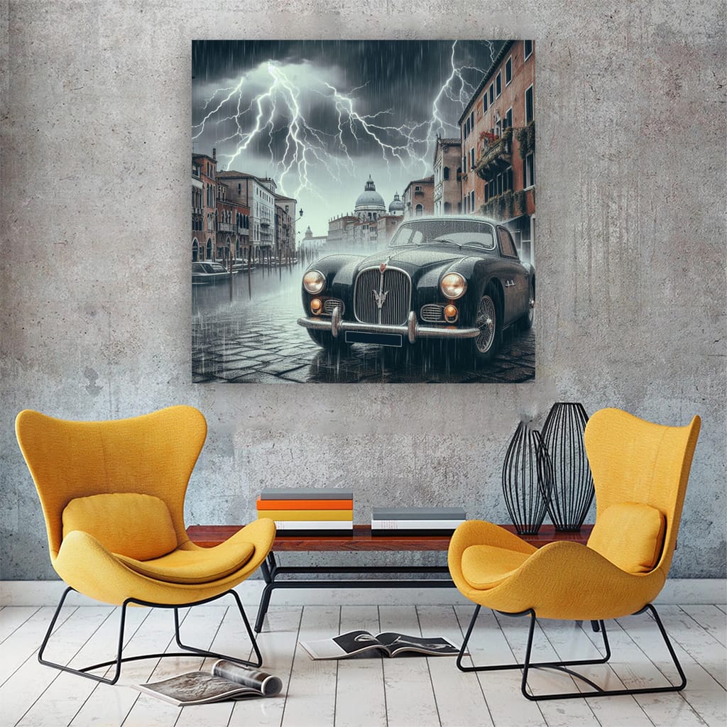 Retro Maserati in Thunderstorm: Classic Elegance Unleashed