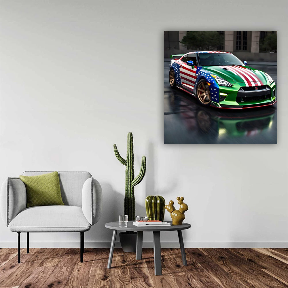 Nissan GT-R in Green with US Flag - Bold and Powerful Ride