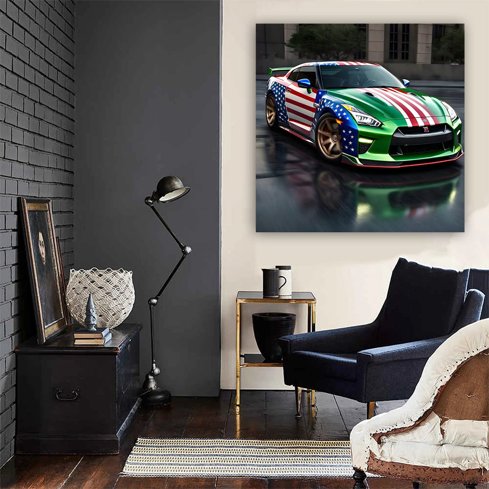 Nissan GT-R in Green with US Flag - Bold and Powerful Ride