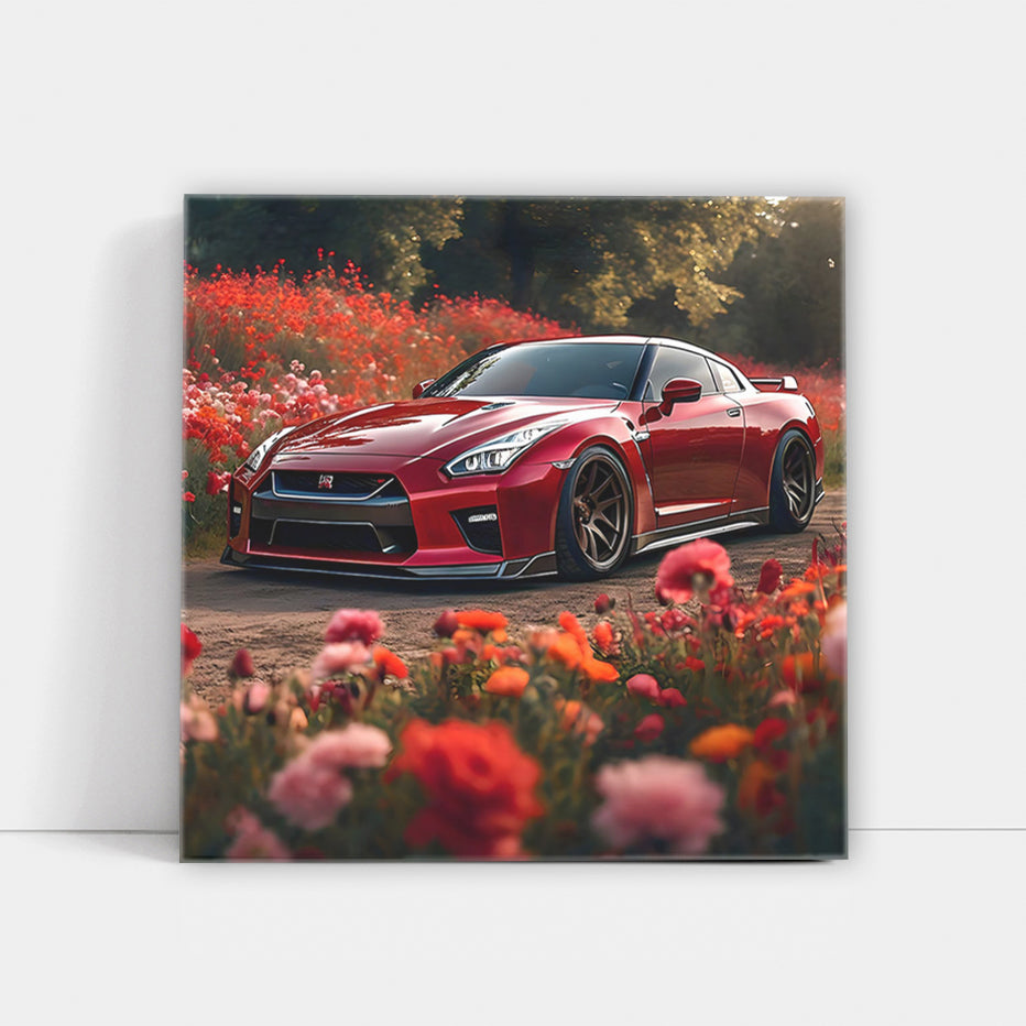 Nissan GT-R in Red Amidst Flowers - Power Meets Elegance