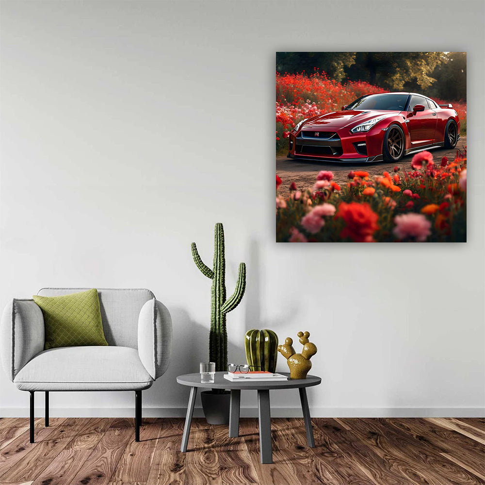 Nissan GT-R in Red Amidst Flowers - Power Meets Elegance