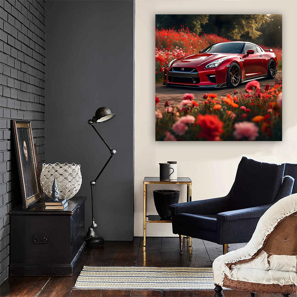 Nissan GT-R in Red Amidst Flowers - Power Meets Elegance