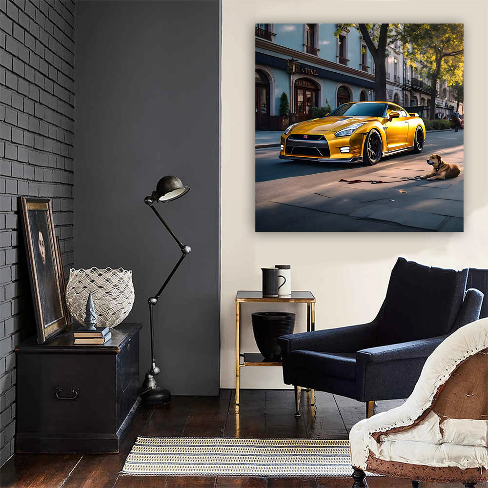 Yellow Nissan GT-R with Dog - Unleash Beast