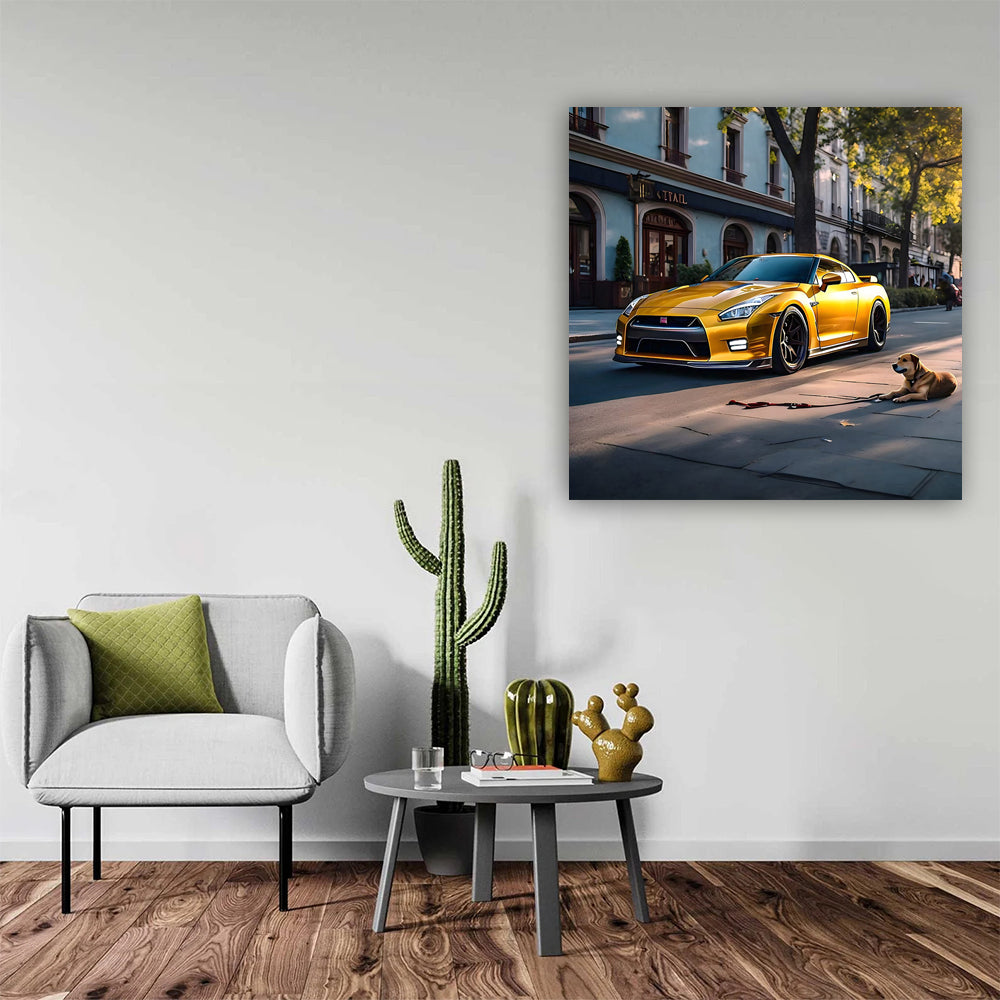 Yellow Nissan GT-R with Dog - Unleash Beast