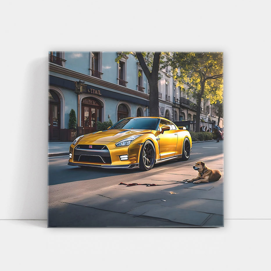 Yellow Nissan GT-R with Dog - Unleash Beast