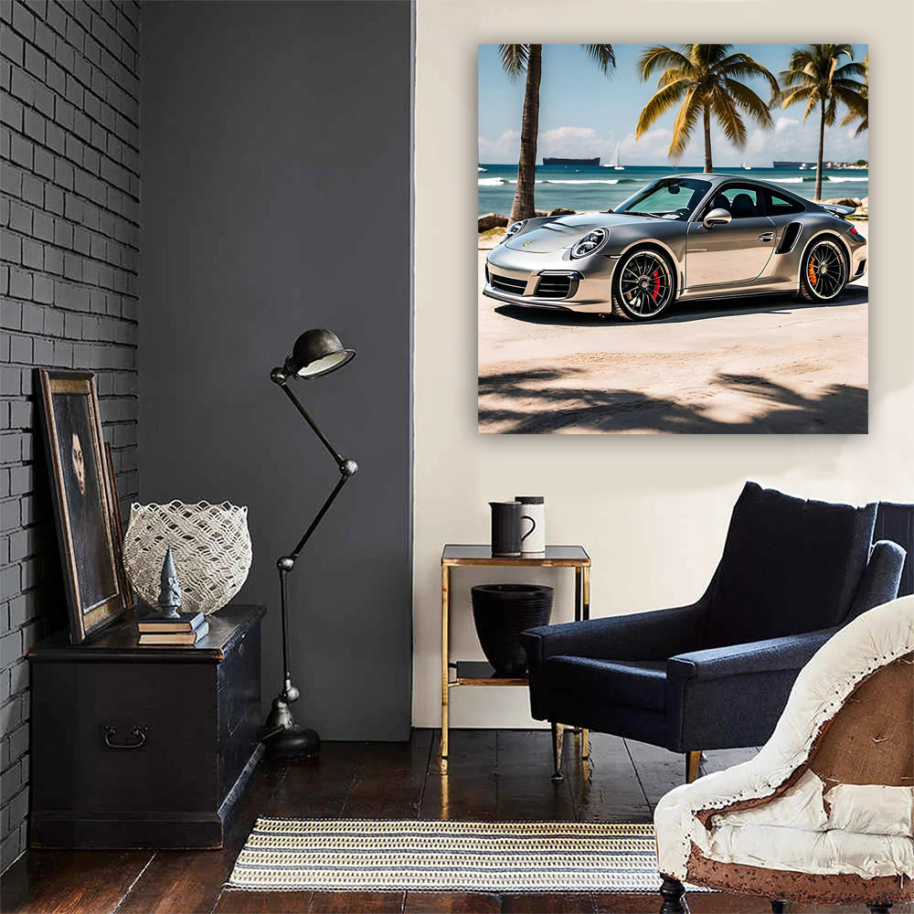 Silver Porsche 911 at Beach - Icon of Speed and Elegance