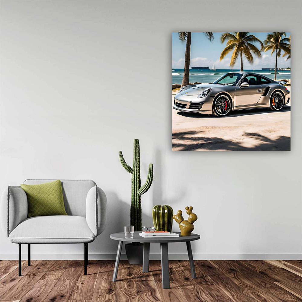 Silver Porsche 911 at Beach - Icon of Speed and Elegance