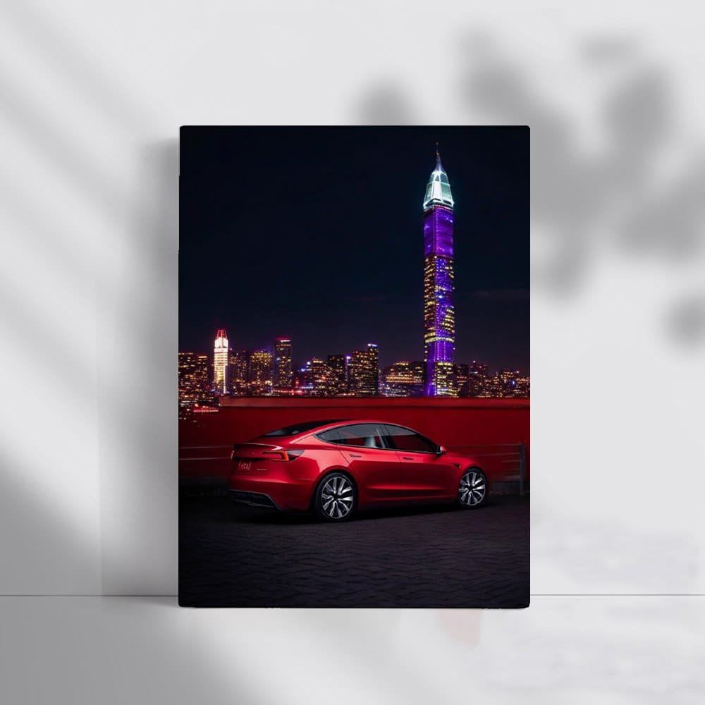 Tesla Model 3 Against Neon City Skyline - Futuristic Drive - EnjoyStore