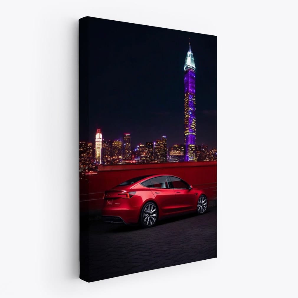 Tesla Model 3 Against Neon City Skyline - Futuristic Drive - EnjoyStore