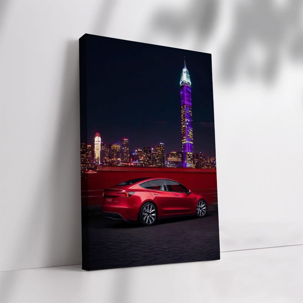 Tesla Model 3 Against Neon City Skyline - Futuristic Drive - EnjoyStore