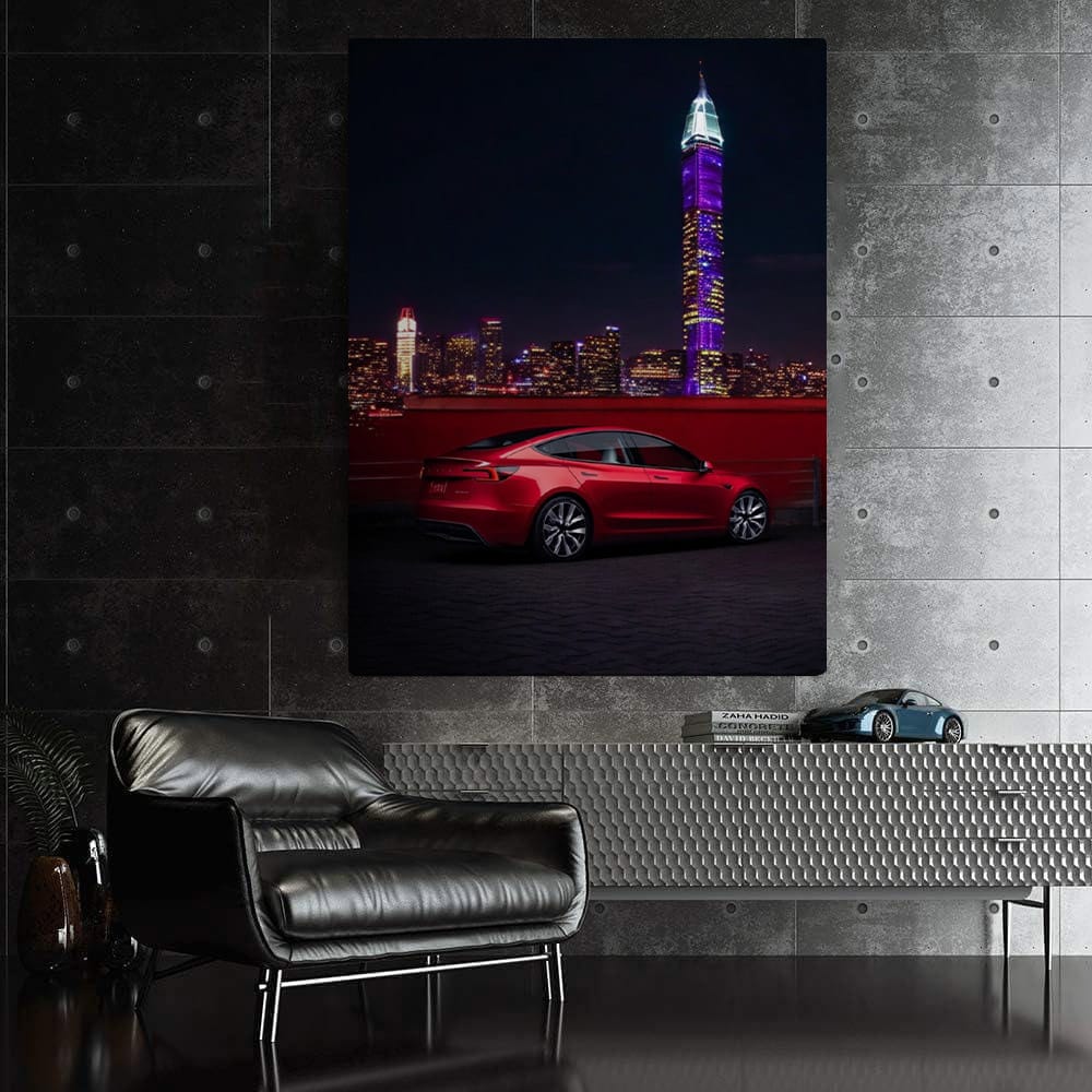 Tesla Model 3 Against Neon City Skyline - Futuristic Drive - EnjoyStore