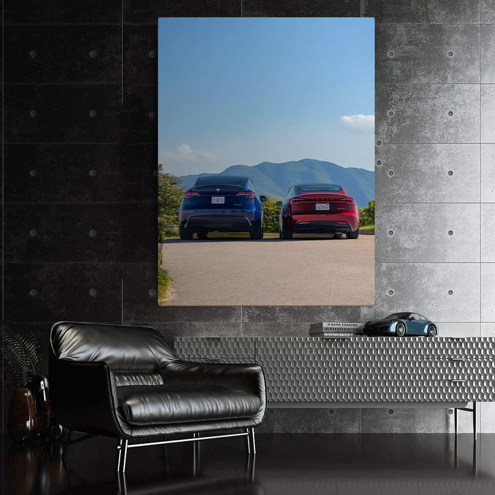 Tesla Model 3 in Driveway, Scenic Mountains Backdrop - Futuristic - EnjoyStore