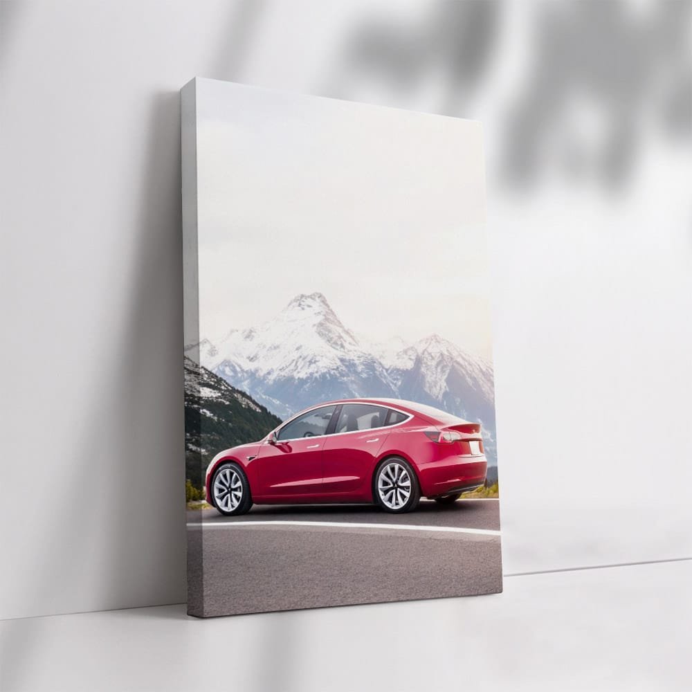 Tesla Model 3 Navigates Curvy Road with Snowy Peak Vista - Electric Elegance - EnjoyStore