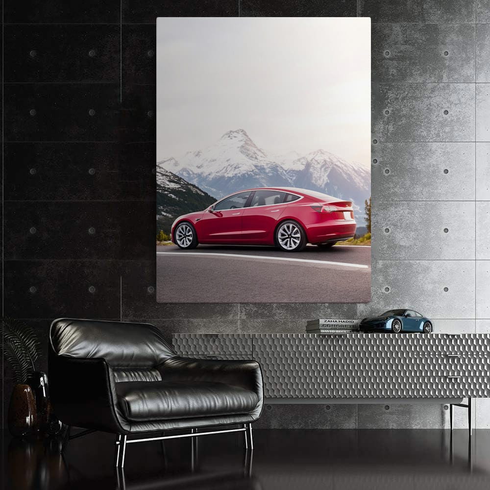 Tesla Model 3 Navigates Curvy Road with Snowy Peak Vista - Electric Elegance - EnjoyStore