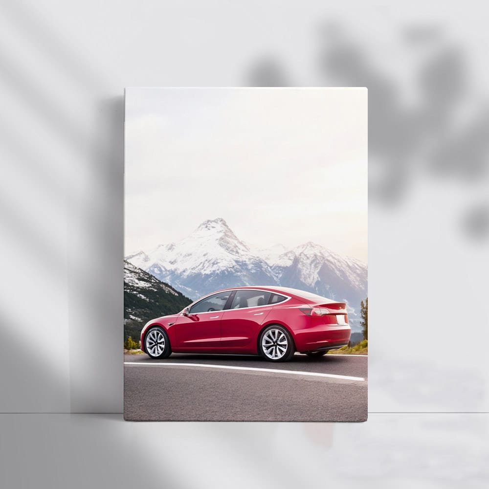 Tesla Model 3 Navigates Curvy Road with Snowy Peak Vista - Electric Elegance - EnjoyStore