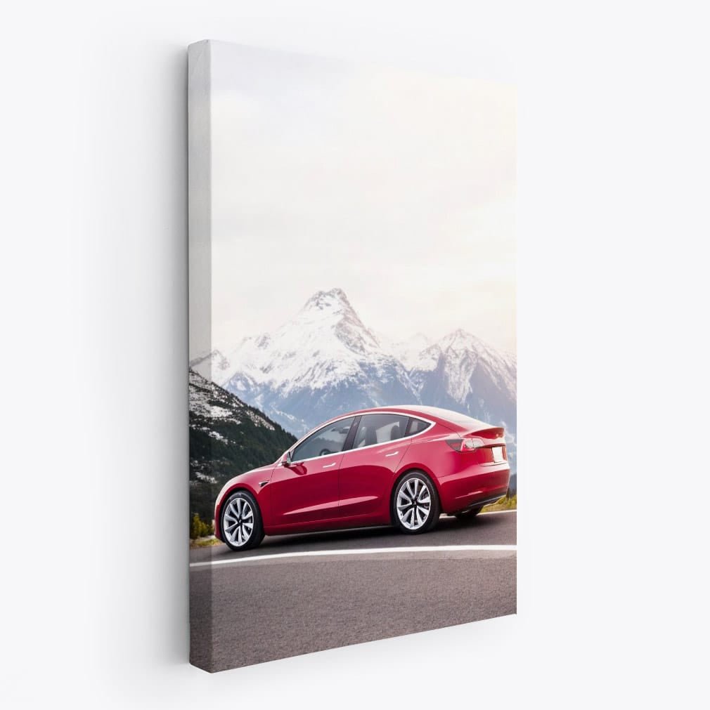 Tesla Model 3 Navigates Curvy Road with Snowy Peak Vista - Electric Elegance - EnjoyStore