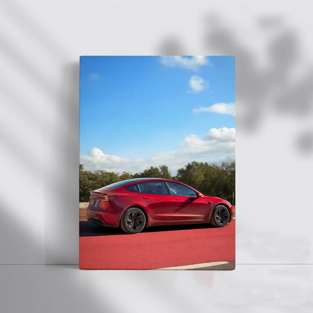 Tesla Model 3 on Red Road, Blue Sky Backdrop - Futuristic Elegance - EnjoyStore