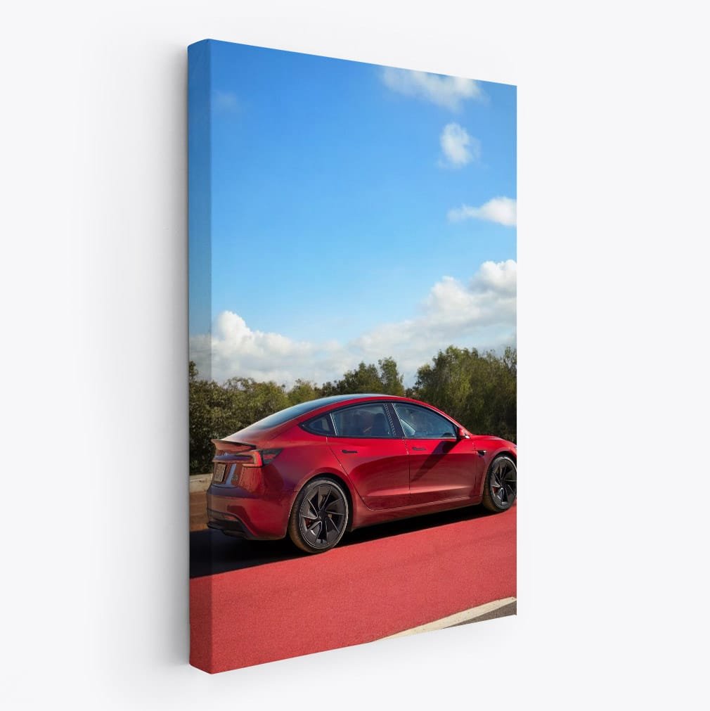 Tesla Model 3 on Red Road, Blue Sky Backdrop - Futuristic Elegance - EnjoyStore