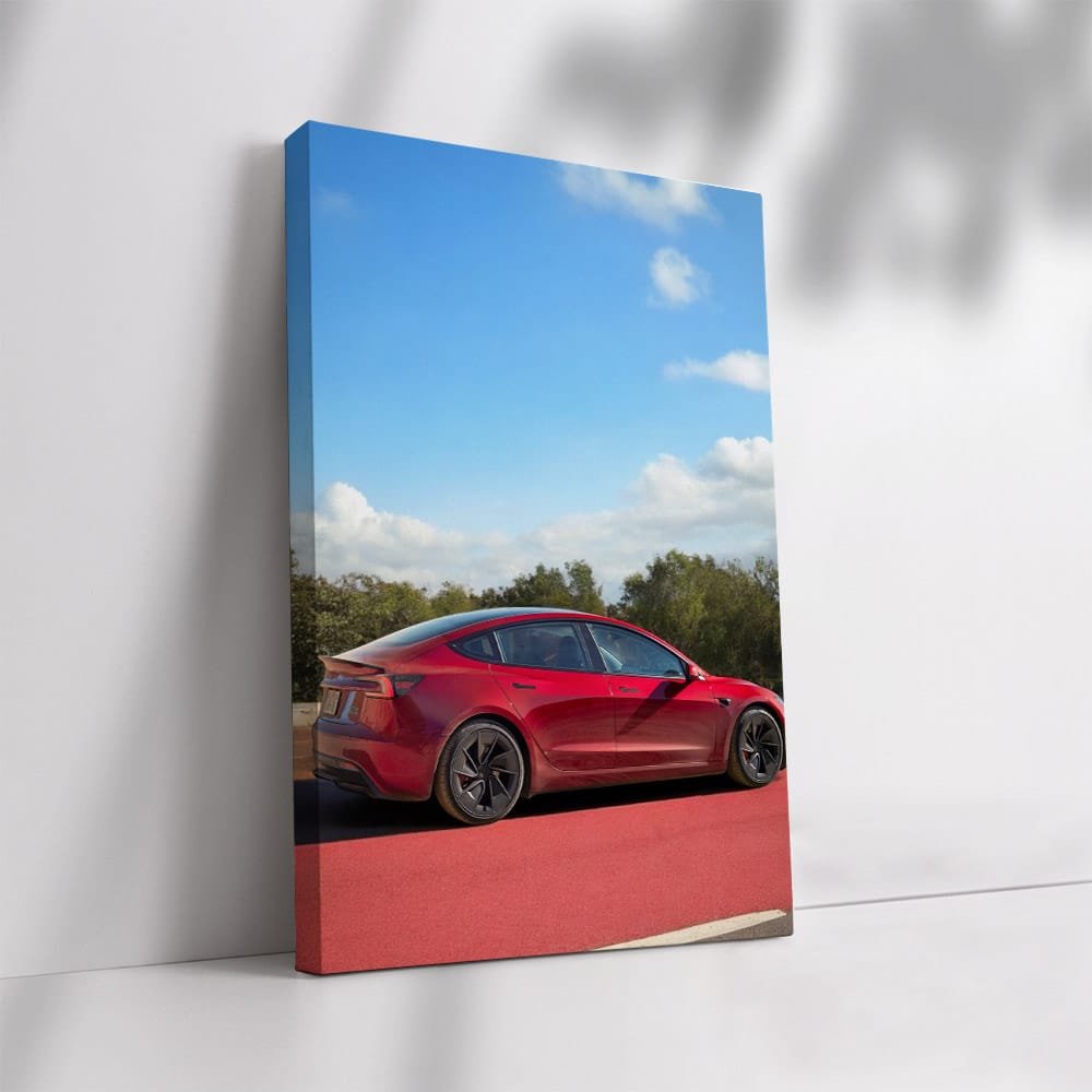Tesla Model 3 on Red Road, Blue Sky Backdrop - Futuristic Elegance - EnjoyStore