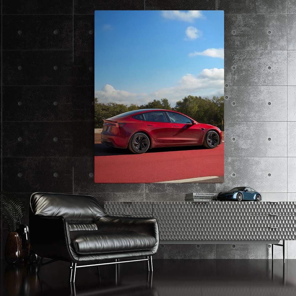 Tesla Model 3 on Red Road, Blue Sky Backdrop - Futuristic Elegance - EnjoyStore