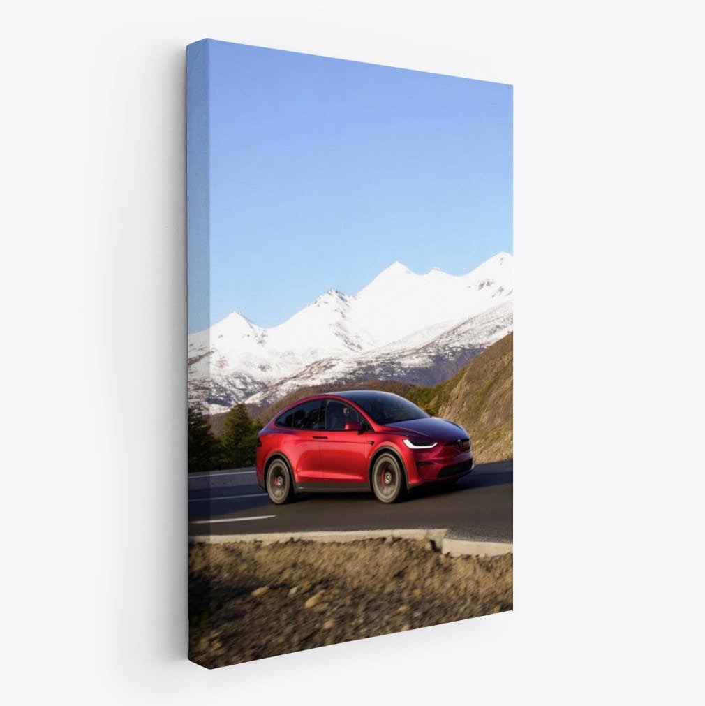 Tesla Model X Navigates Winding Road with Snowy Mountain Backdrop - Elegantly Powerful - EnjoyStore