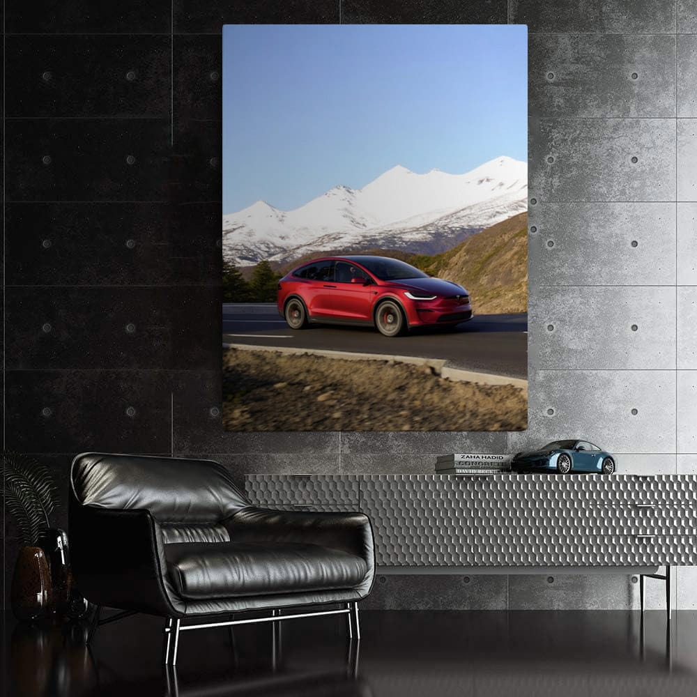Tesla Model X Navigates Winding Road with Snowy Mountain Backdrop - Elegantly Powerful - EnjoyStore