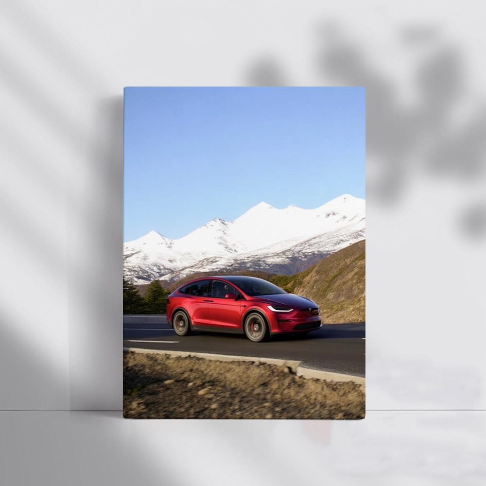 Tesla Model X Navigates Winding Road with Snowy Mountain Backdrop - Elegantly Powerful - EnjoyStore