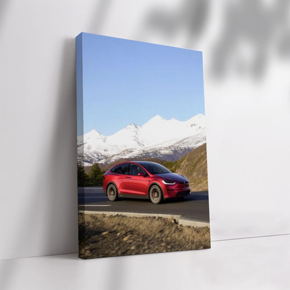 Tesla Model X Navigates Winding Road with Snowy Mountain Backdrop - Elegantly Powerful - EnjoyStore