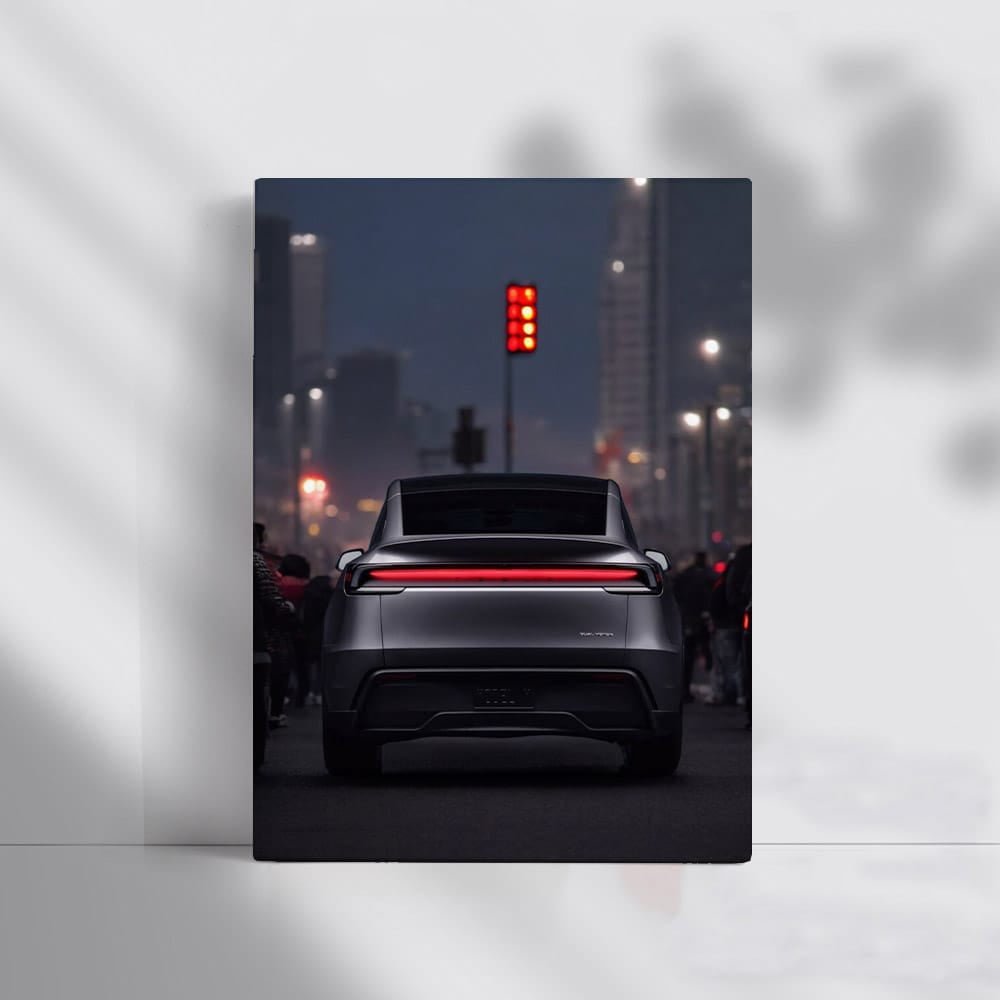 Tesla Model Y in Traffic, Red Light Behind - Futuristic Ride - EnjoyStore