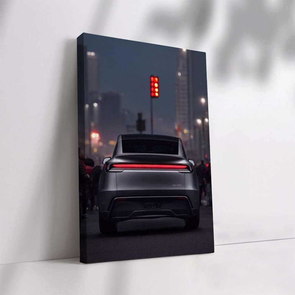 Tesla Model Y in Traffic, Red Light Behind - Futuristic Ride - EnjoyStore