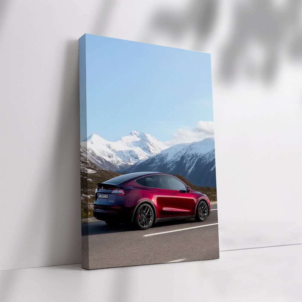 Tesla Model Y Navigates Curvy Road, Snowy Peak Behind - Sleek & Innovative - EnjoyStore
