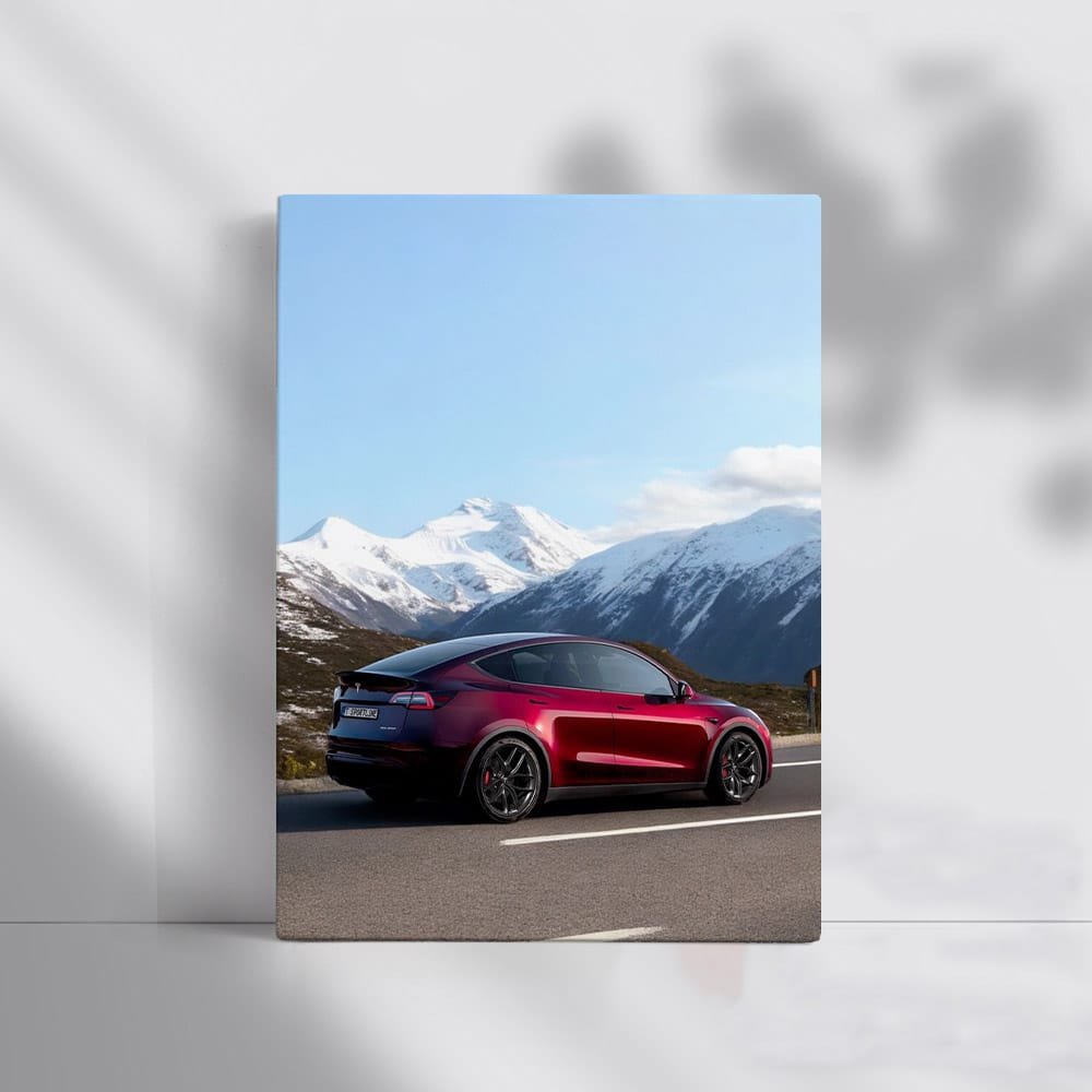Tesla Model Y Navigates Curvy Road, Snowy Peak Behind - Sleek & Innovative - EnjoyStore