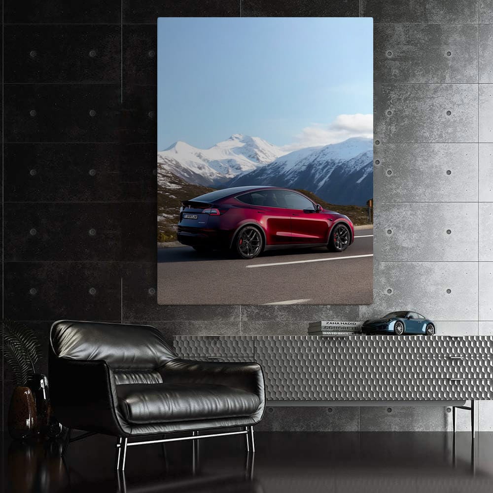 Tesla Model Y Navigates Curvy Road, Snowy Peak Behind - Sleek & Innovative - EnjoyStore