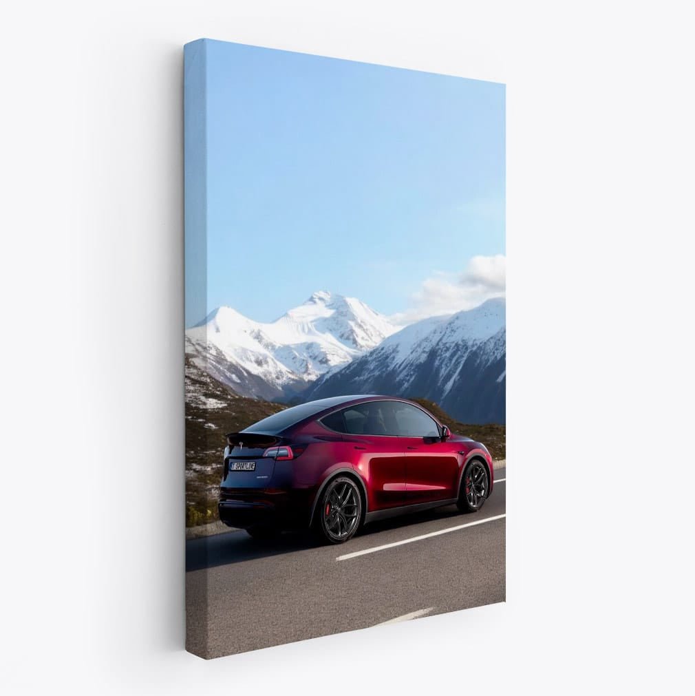 Tesla Model Y Navigates Curvy Road, Snowy Peak Behind - Sleek & Innovative - EnjoyStore