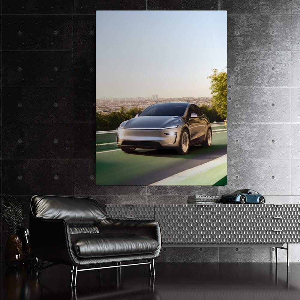 Tesla Model Y on Eco Highway with Urban Skyline - Futuristic - EnjoyStore